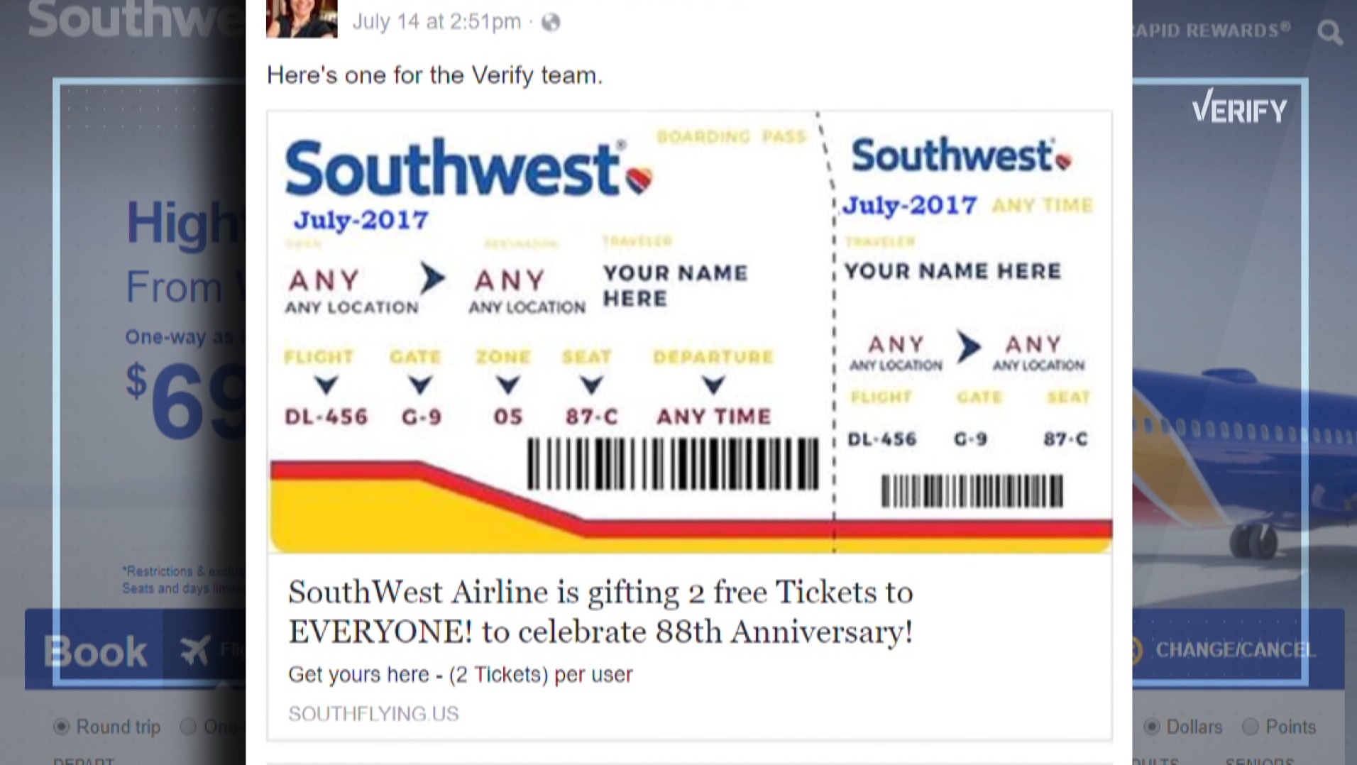 Verify Is Southwest Airlines giving away free flights on Facebook